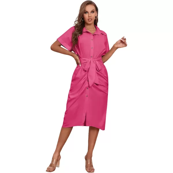 LYANER Women's Collar Button Down Ruched Self Tie Short Sleeve Midi Dress