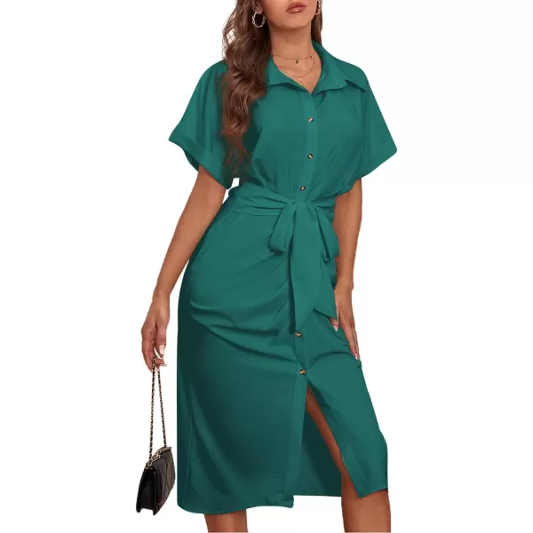 LYANER Women's Collar Button Down Ruched Self Tie Short Sleeve Midi Dress