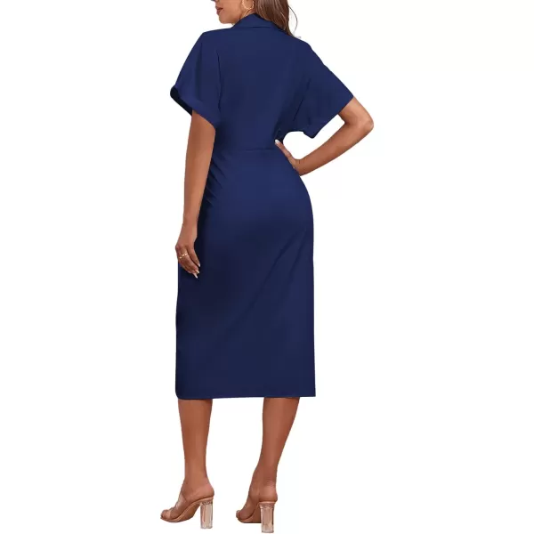 LYANER Women's Collar Button Down Ruched Self Tie Short Sleeve Midi Dress