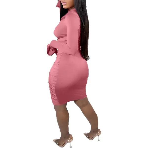 LYANER Women's Collar Low Cut V Neck Ruched Long Sleeve Bodycon Club Mini Dress