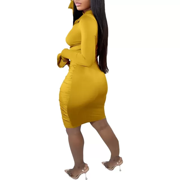 LYANER Women's Collar Low Cut V Neck Ruched Long Sleeve Bodycon Club Mini Dress