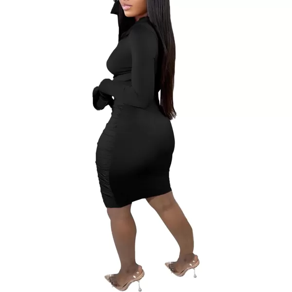 LYANER Women's Collar Low Cut V Neck Ruched Long Sleeve Bodycon Club Mini Dress