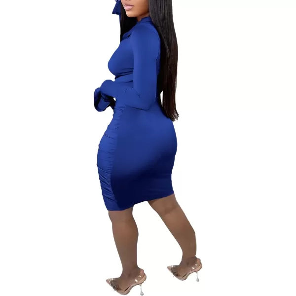 LYANER Women's Collar Low Cut V Neck Ruched Long Sleeve Bodycon Club Mini Dress