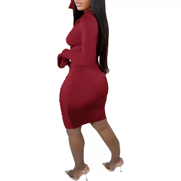 LYANER Women's Collar Low Cut V Neck Ruched Long Sleeve Bodycon Club Mini Dress