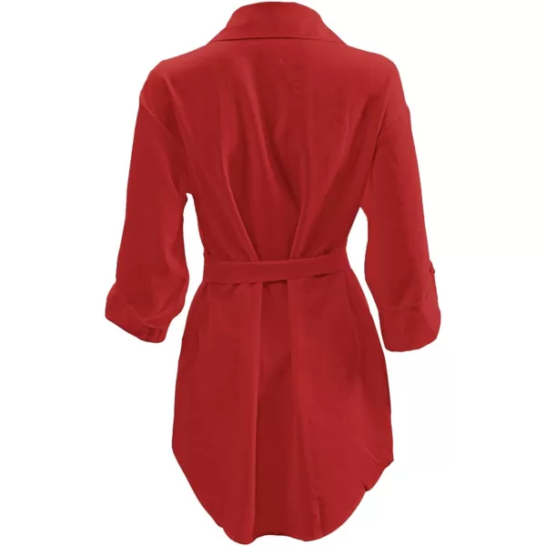LYANER Women's Collar V Neck Belted High Low Roll Half Sleeve Pocket Front Office Mini Dress