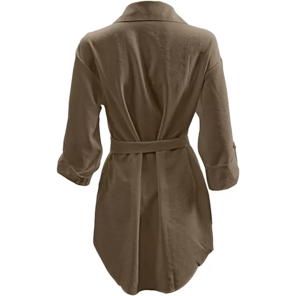 LYANER Women's Collar V Neck Belted High Low Roll Half Sleeve Pocket Front Office Mini Dress