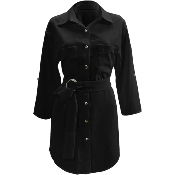 LYANER Women's Collar V Neck Belted High Low Roll Half Sleeve Pocket Front Office Mini Dress