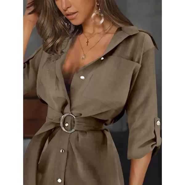 LYANER Women's Collar V Neck Belted High Low Roll Half Sleeve Pocket Front Office Mini Dress