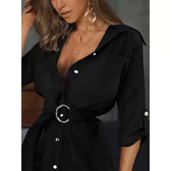 LYANER Women's Collar V Neck Belted High Low Roll Half Sleeve Pocket Front Office Mini Dress