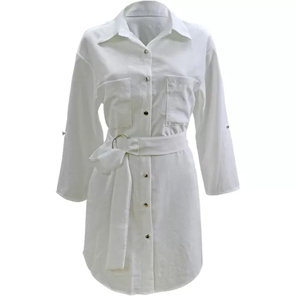 LYANER Women's Collar V Neck Belted High Low Roll Half Sleeve Pocket Front Office Mini Dress