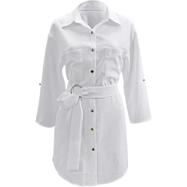 LYANER Women's Collar V Neck Belted High Low Roll Half Sleeve Pocket Front Office Mini Dress