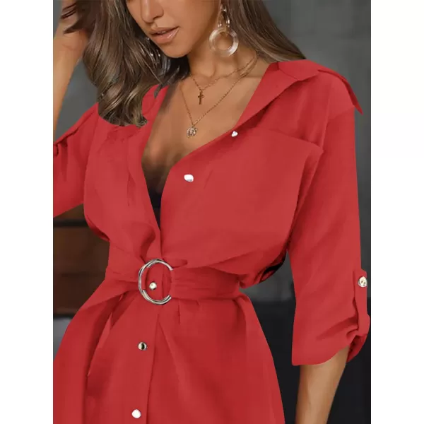 LYANER Women's Collar V Neck Belted High Low Roll Half Sleeve Pocket Front Office Mini Dress