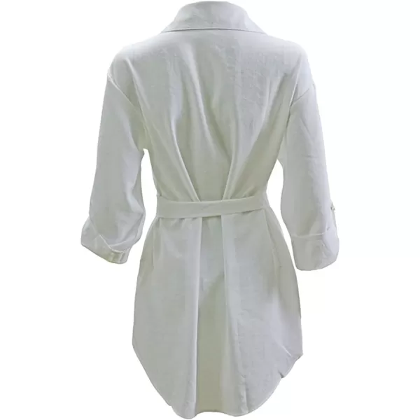 LYANER Women's Collar V Neck Belted High Low Roll Half Sleeve Pocket Front Office Mini Dress