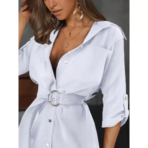 LYANER Women's Collar V Neck Belted High Low Roll Half Sleeve Pocket Front Office Mini Dress