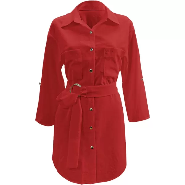 LYANER Women's Collar V Neck Belted High Low Roll Half Sleeve Pocket Front Office Mini Dress