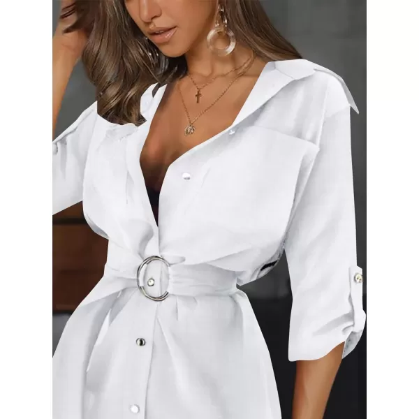 LYANER Women's Collar V Neck Belted High Low Roll Half Sleeve Pocket Front Office Mini Dress