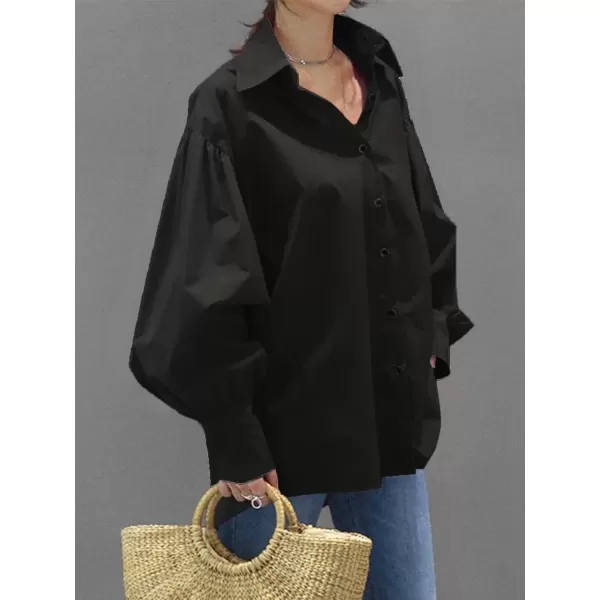 LYANER Women's Collar V Neck Lantern Long Sleeve Blouse Button Dwon Loose Shirt Top