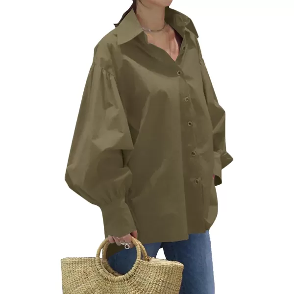 LYANER Women's Collar V Neck Lantern Long Sleeve Blouse Button Dwon Loose Shirt Top