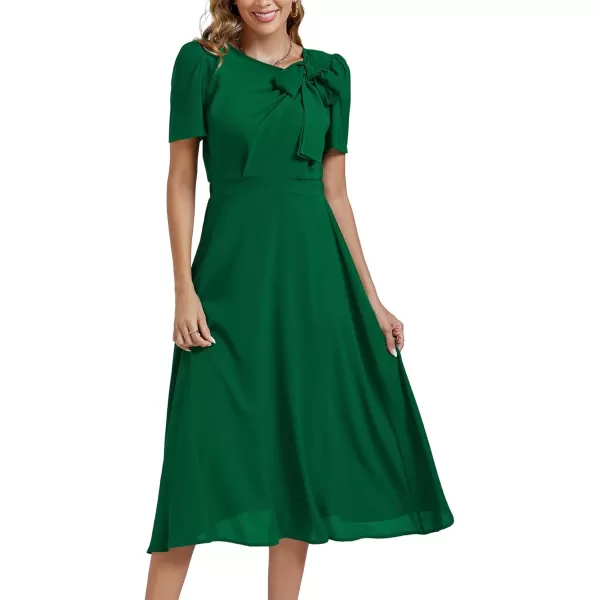 LYANER Women's Elegant Bow Tie Crew Neck Short Sleeve Ruffle A-Line Swing Midi Dress