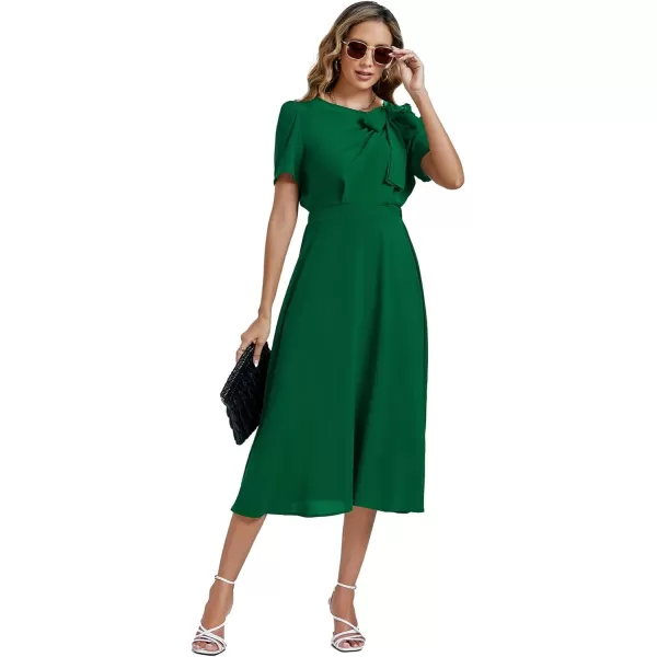 LYANER Women's Elegant Bow Tie Crew Neck Short Sleeve Ruffle A-Line Swing Midi Dress