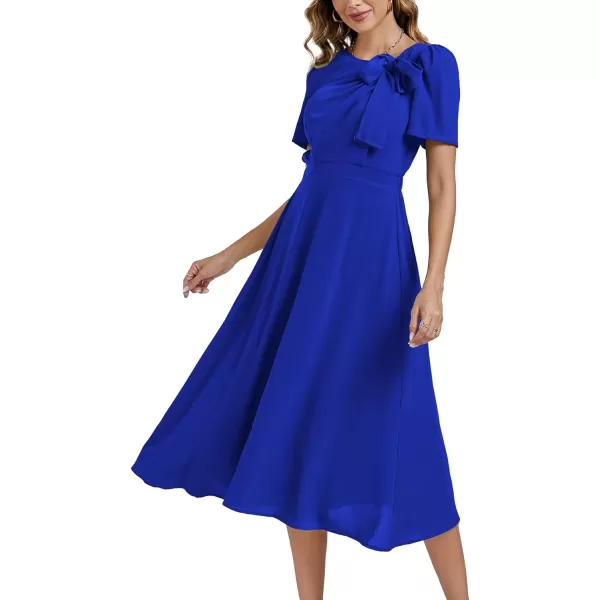 LYANER Women's Elegant Bow Tie Crew Neck Short Sleeve Ruffle A-Line Swing Midi Dress