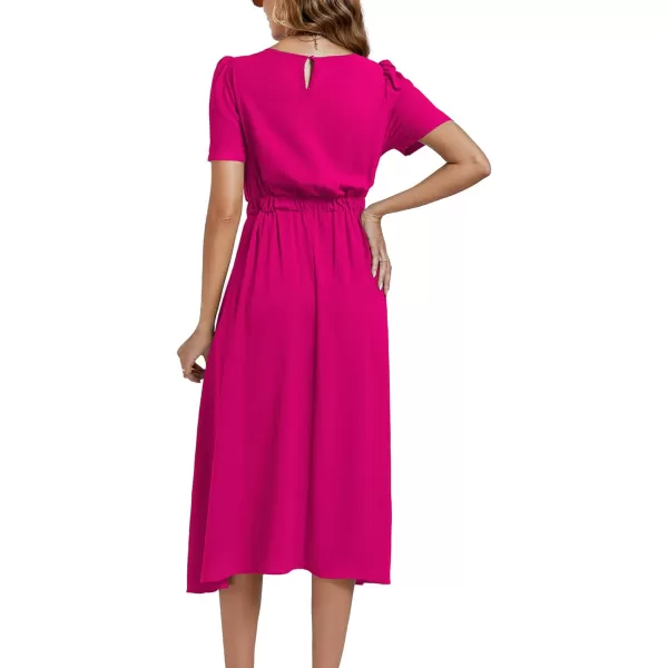 LYANER Women's Elegant Bow Tie Crew Neck Short Sleeve Ruffle A-Line Swing Midi Dress