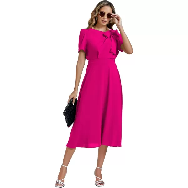 LYANER Women's Elegant Bow Tie Crew Neck Short Sleeve Ruffle A-Line Swing Midi Dress