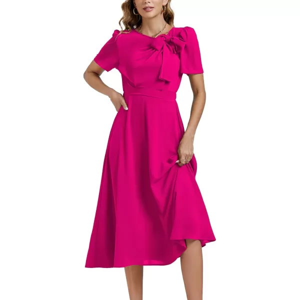 LYANER Women's Elegant Bow Tie Crew Neck Short Sleeve Ruffle A-Line Swing Midi Dress