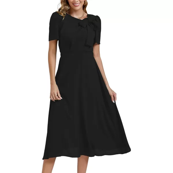 LYANER Women's Elegant Bow Tie Crew Neck Short Sleeve Ruffle A-Line Swing Midi Dress