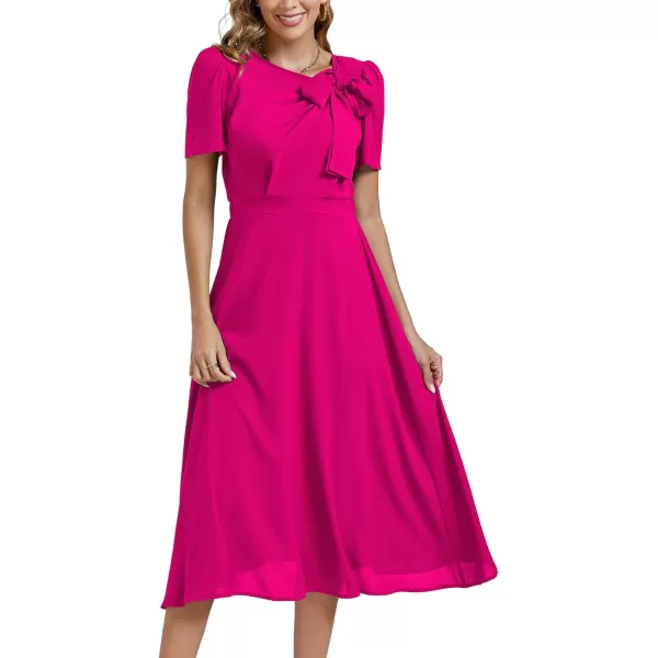 LYANER Women's Elegant Bow Tie Crew Neck Short Sleeve Ruffle A-Line Swing Midi Dress