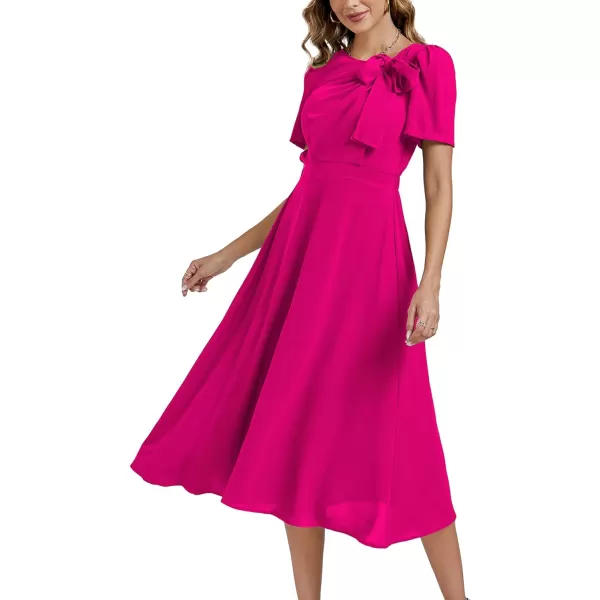 LYANER Women's Elegant Bow Tie Crew Neck Short Sleeve Ruffle A-Line Swing Midi Dress