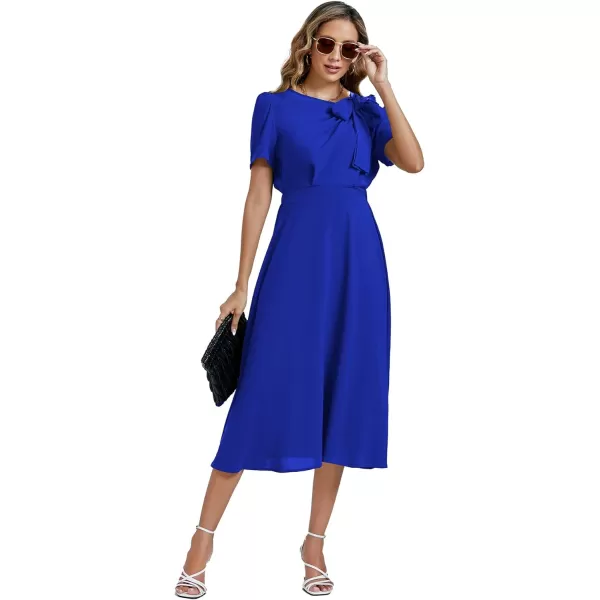 LYANER Women's Elegant Bow Tie Crew Neck Short Sleeve Ruffle A-Line Swing Midi Dress
