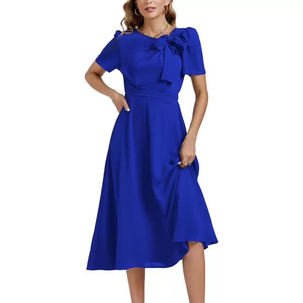 LYANER Women's Elegant Bow Tie Crew Neck Short Sleeve Ruffle A-Line Swing Midi Dress