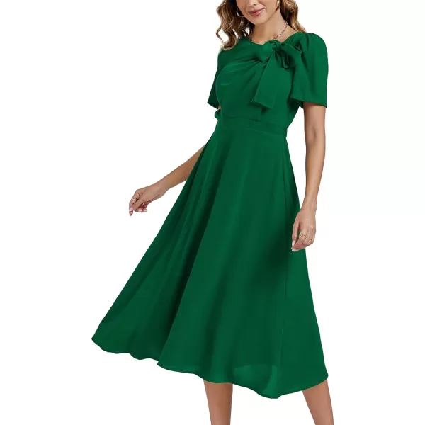 LYANER Women's Elegant Bow Tie Crew Neck Short Sleeve Ruffle A-Line Swing Midi Dress