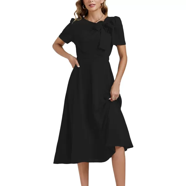 LYANER Women's Elegant Bow Tie Crew Neck Short Sleeve Ruffle A-Line Swing Midi Dress