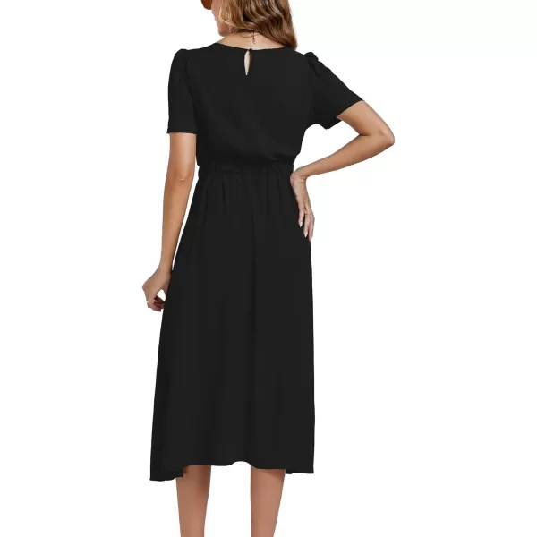LYANER Women's Elegant Bow Tie Crew Neck Short Sleeve Ruffle A-Line Swing Midi Dress