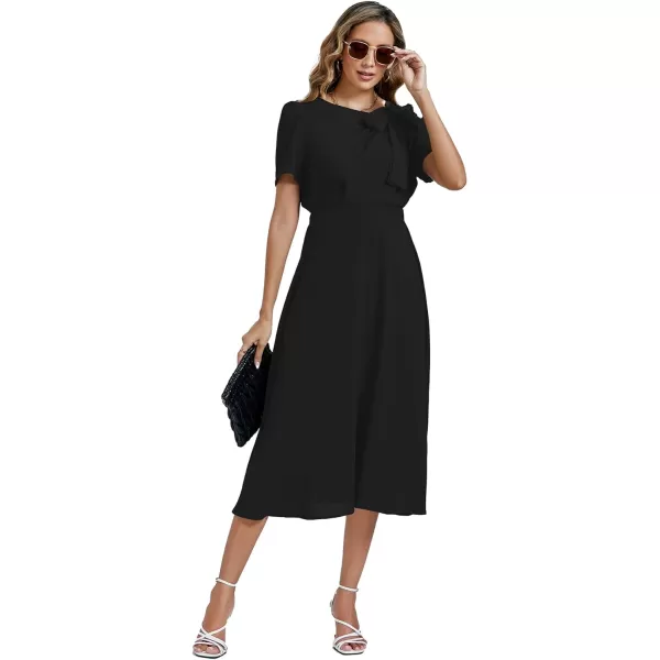 LYANER Women's Elegant Bow Tie Crew Neck Short Sleeve Ruffle A-Line Swing Midi Dress