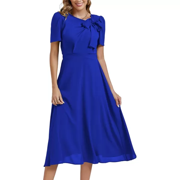 LYANER Women's Elegant Bow Tie Crew Neck Short Sleeve Ruffle A-Line Swing Midi Dress