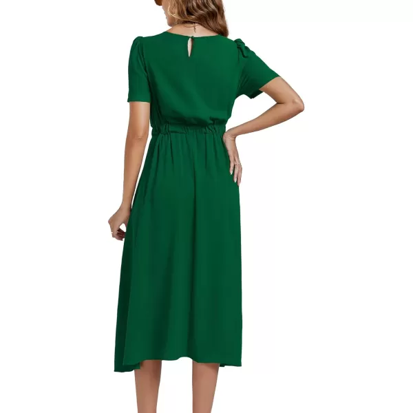 LYANER Women's Elegant Bow Tie Crew Neck Short Sleeve Ruffle A-Line Swing Midi Dress