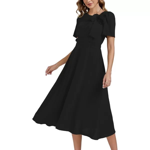 LYANER Women's Elegant Bow Tie Crew Neck Short Sleeve Ruffle A-Line Swing Midi Dress