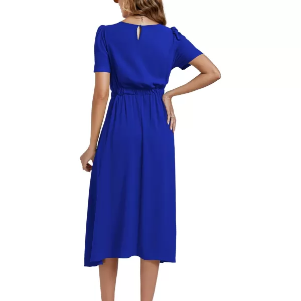 LYANER Women's Elegant Bow Tie Crew Neck Short Sleeve Ruffle A-Line Swing Midi Dress