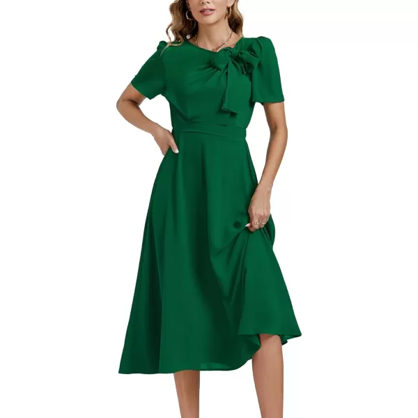 LYANER Women's Elegant Bow Tie Crew Neck Short Sleeve Ruffle A-Line Swing Midi Dress