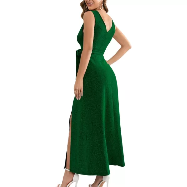 LYANER Women's Elegant Wrap V Neck Sparkly Glitter High Waist Belt Sleeveless Split Maxi Party Dress
