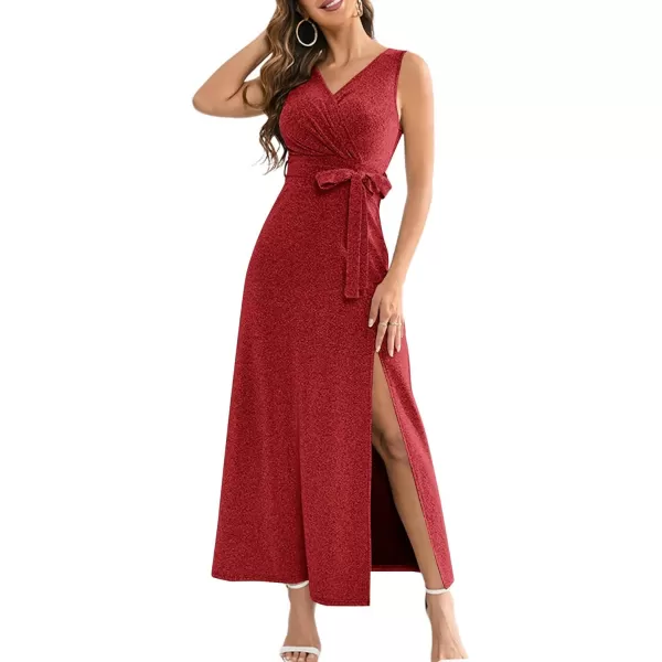 LYANER Women's Elegant Wrap V Neck Sparkly Glitter High Waist Belt Sleeveless Split Maxi Party Dress