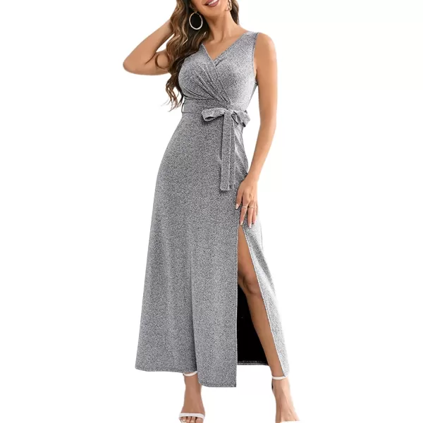 LYANER Women's Elegant Wrap V Neck Sparkly Glitter High Waist Belt Sleeveless Split Maxi Party Dress