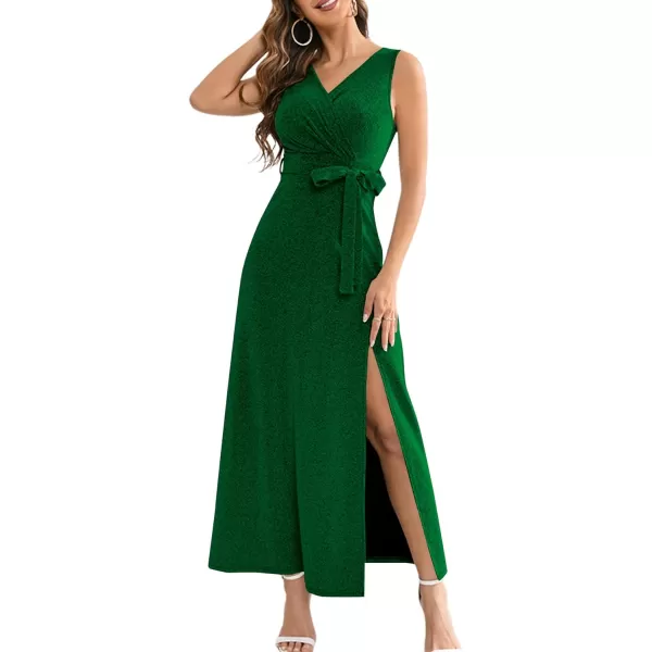 LYANER Women's Elegant Wrap V Neck Sparkly Glitter High Waist Belt Sleeveless Split Maxi Party Dress