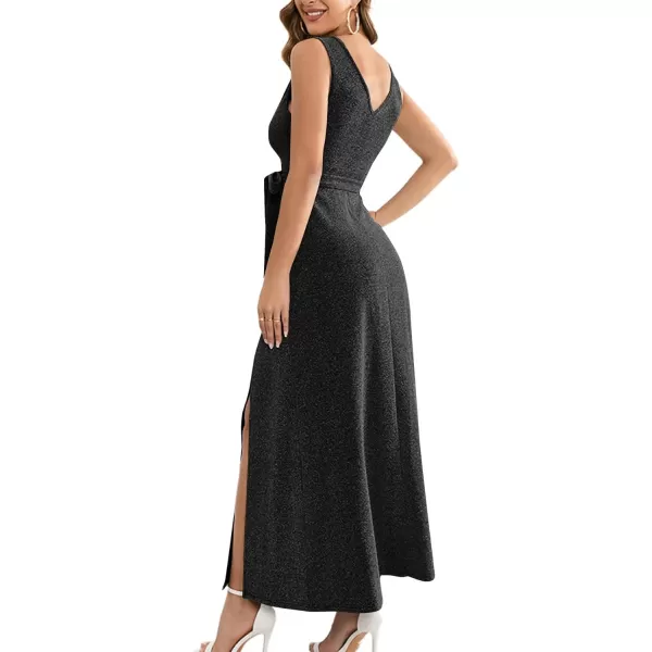 LYANER Women's Elegant Wrap V Neck Sparkly Glitter High Waist Belt Sleeveless Split Maxi Party Dress