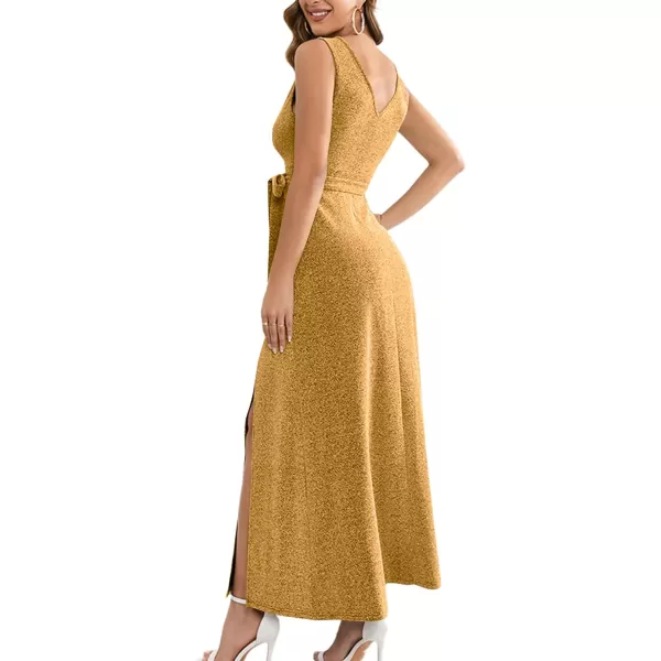 LYANER Women's Elegant Wrap V Neck Sparkly Glitter High Waist Belt Sleeveless Split Maxi Party Dress