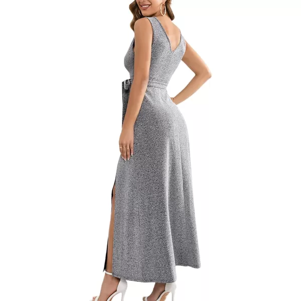 LYANER Women's Elegant Wrap V Neck Sparkly Glitter High Waist Belt Sleeveless Split Maxi Party Dress
