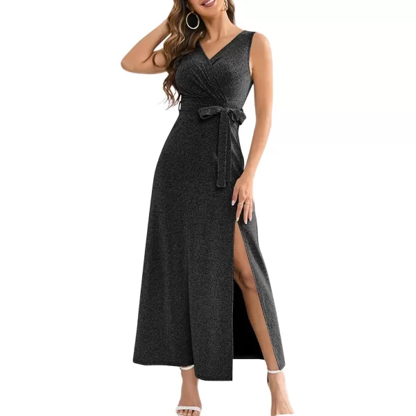 LYANER Women's Elegant Wrap V Neck Sparkly Glitter High Waist Belt Sleeveless Split Maxi Party Dress